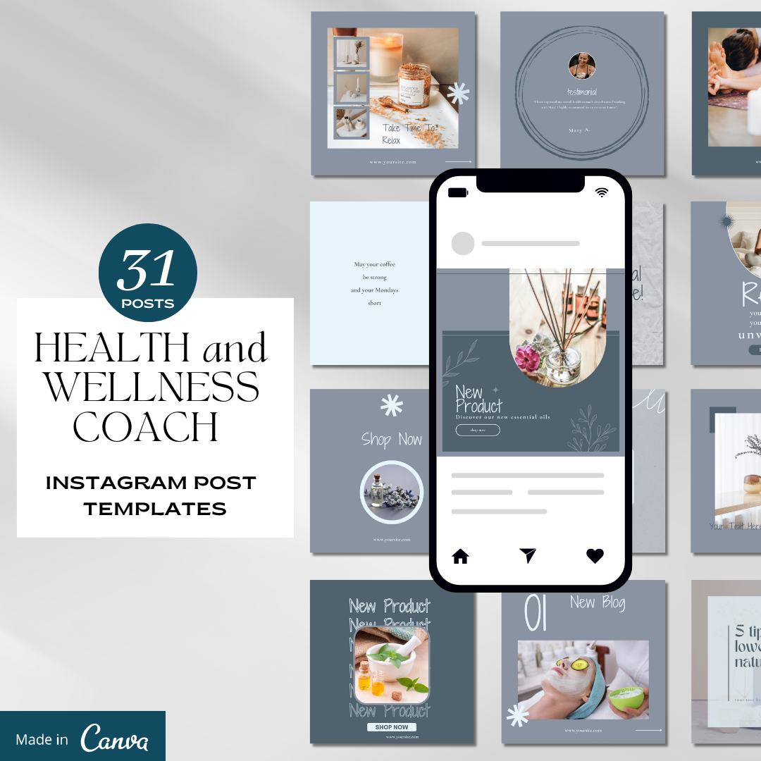 Health and Wellness Coach, Instagram Post Templates, 31 Templates, Blue Aesthetic, Editable Canva Templates