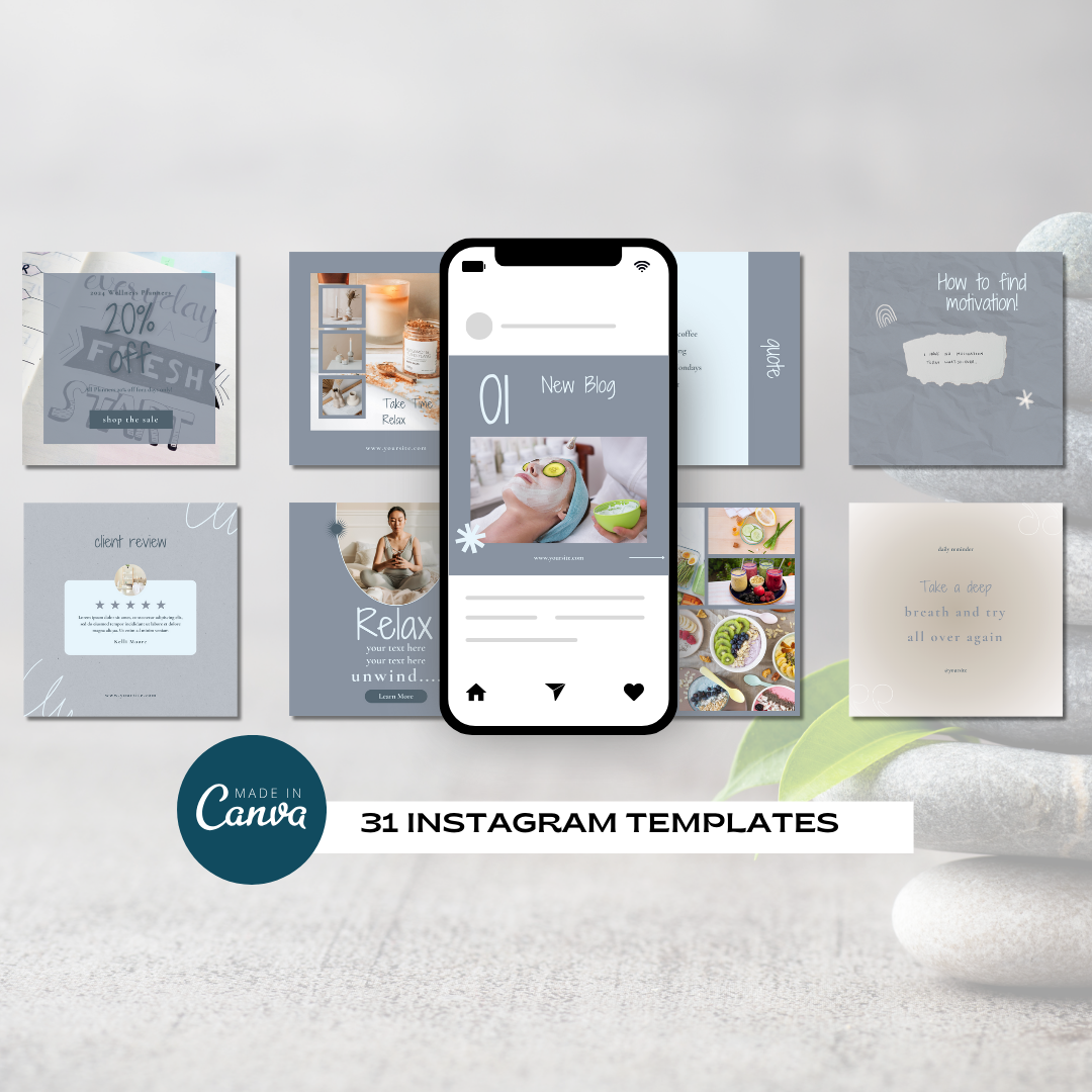 31 Templates, Blue Aesthetic, Editable Canva Templates, Sales Posts, Motivation Posts, Client Review Post, Relaxation Post, Quotes, Blog Post, Healthy Food, New Product