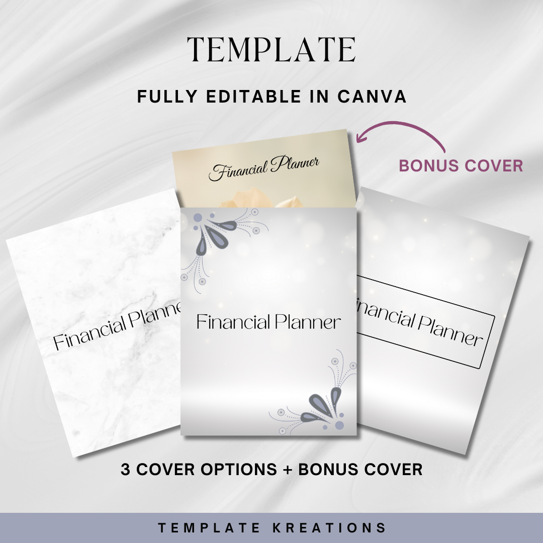 Financial Planner Template, 8.5 x 11 US Letter Size, 3 covers included, gray neutral, 1 bonus cover with flower background, Template Kreations