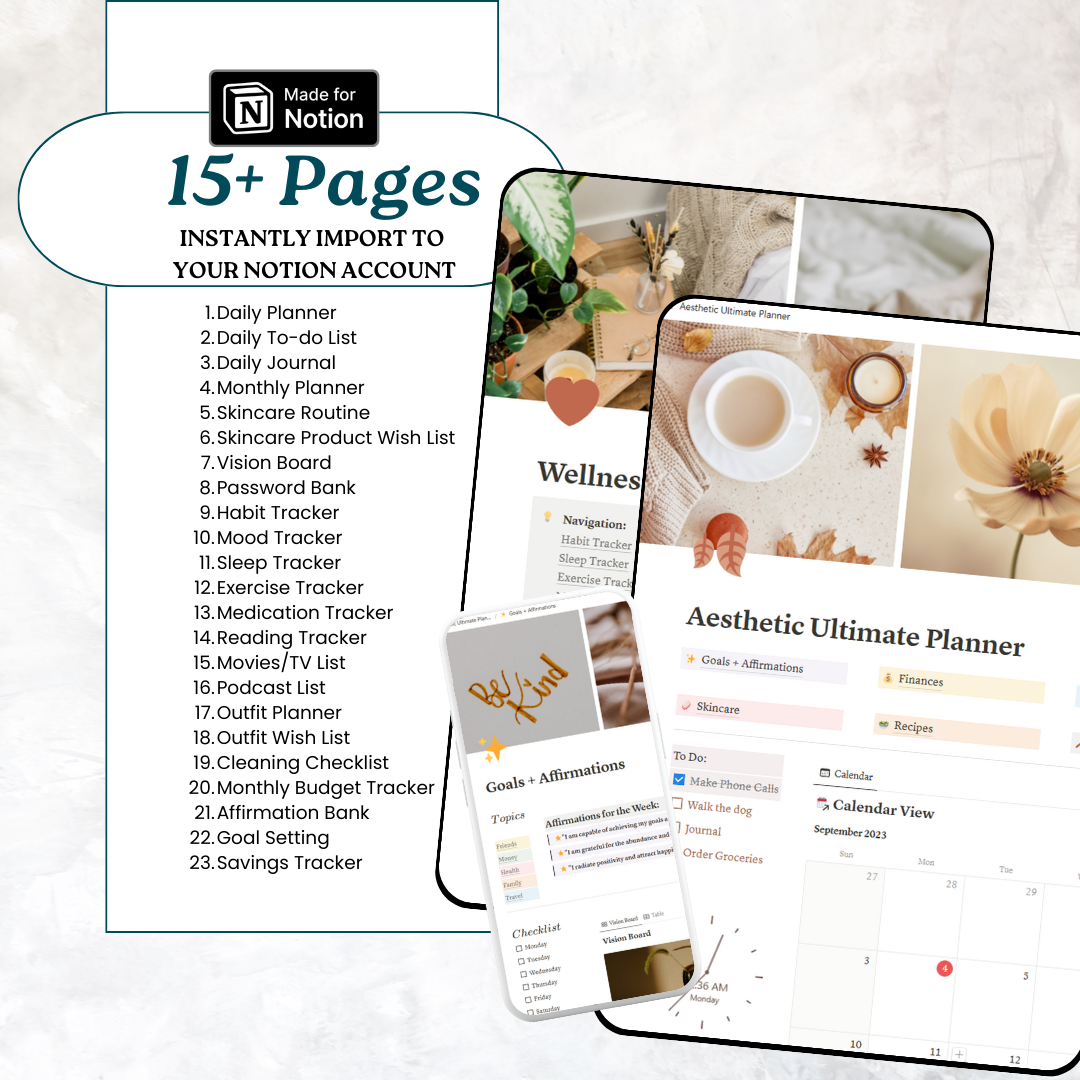 Notion template. Aesthetic, ultimate life planner. Fall, Autumn or anytime. Goals and affirmations, finances, journal, wellness, skincare, recipes, password bank, index page. Dashboard has calendar, to-do list, clock, photo placeholder, music