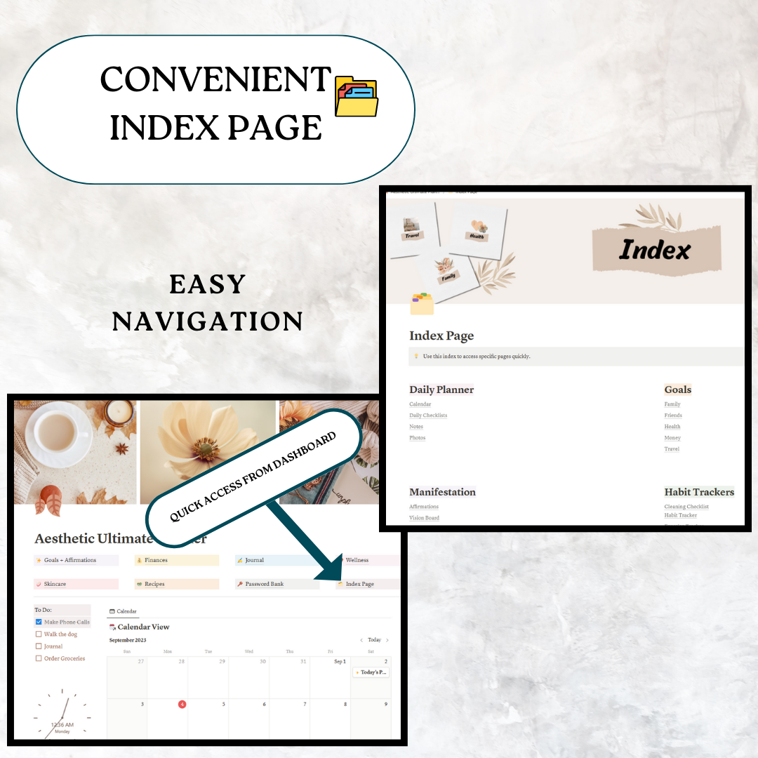 Notion template. Aesthetic, ultimate life planner. Fall, Autumn or anytime. Goals and affirmations, finances, journal, wellness, skincare, recipes, password bank, index page. Dashboard has calendar, to-do list, clock, photo placeholder, music