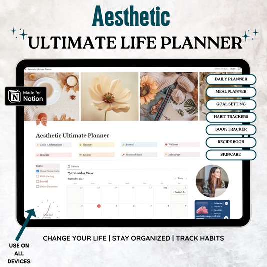 Notion template. Aesthetic, ultimate life planner. Fall, Autumn or anytime. Goals and affirmations, finances, journal, wellness, skincare, recipes, password bank, index page. Dashboard has calendar, to-do list, clock, photo placeholder, music