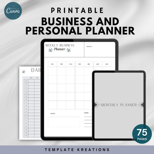 Business planner, personal planner, printable, daily, weekly, monthly planners, debt trackers, budget pages, monthly calendars, undated, year snapshot, lined notebook pages, to-do lists, gray with white background, black lettering, aesthetic, 8.5 x 11 US letter size, 75 pages, Template Kreations