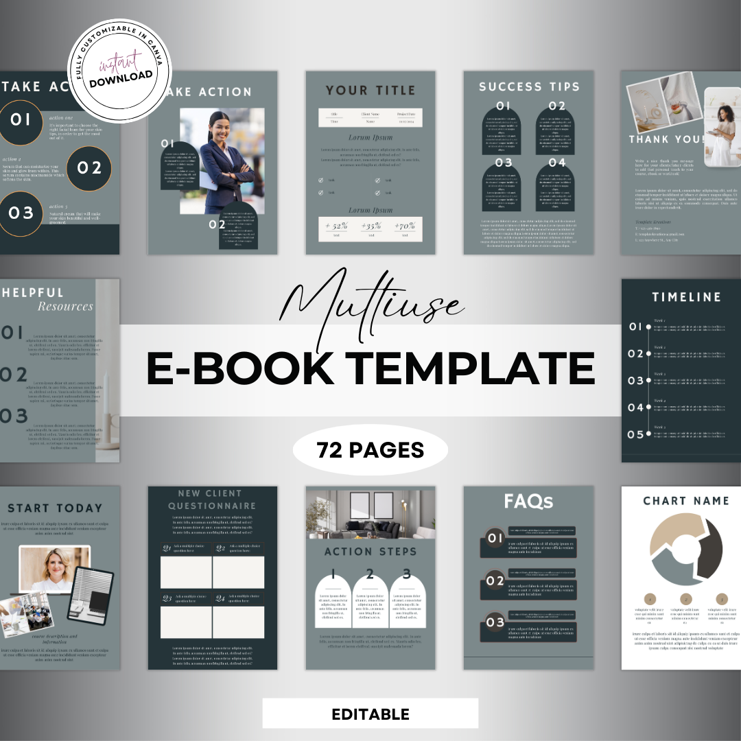 E-Book Template or Workbook Template, Multiuse, 72 Pages, Editable, Printable, Canva Template, Sage Green with Dark Green, Tan and Dark Brown Accent Colors, by Template Kreations
