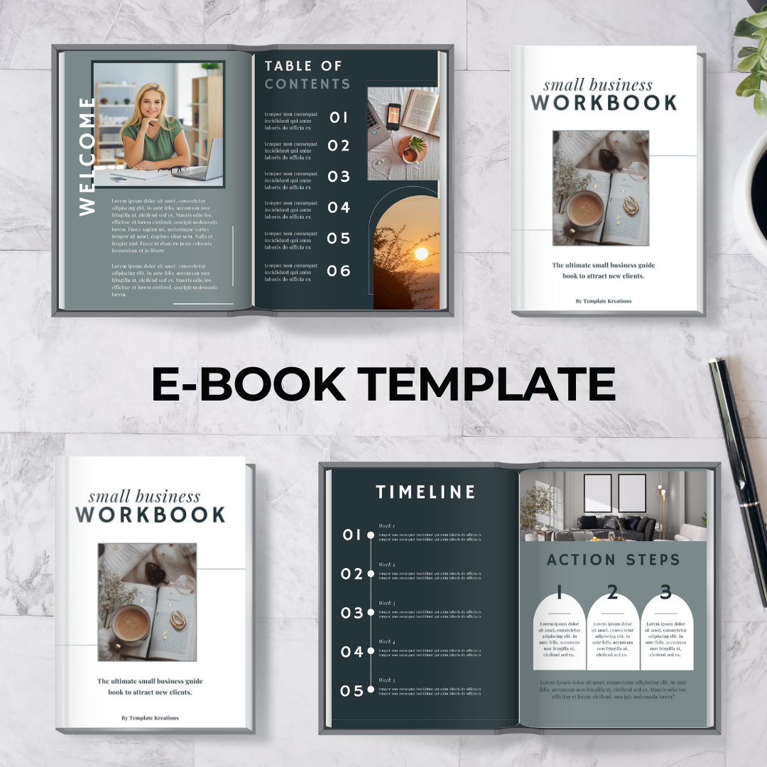 E-Book Template or Workbook Template, Small Business, Multiuse, 72 Pages, Editable, Printable, Canva Template, Sage Green with Dark Green, Tan and Dark Brown Accent Colors, by Template Kreations