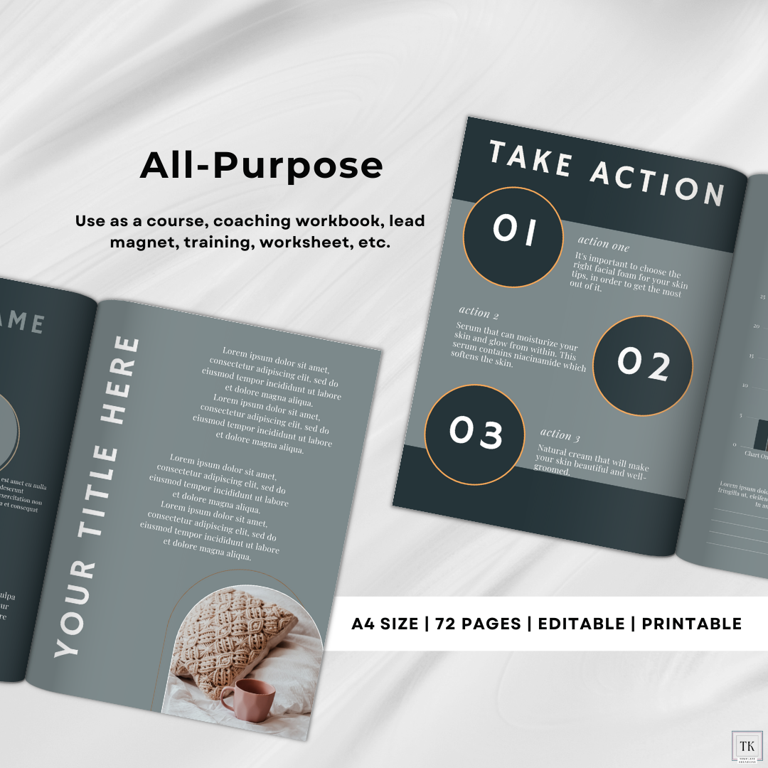 All-Purpose Page, Use as a Course, Coaching Workbook, Lead Magnet, Training, Worksheet, A4 Size, Sage Green with Dark Green Colors, Take Action Page, 2 About Me Pages