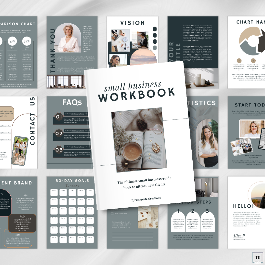 14 Pages of the Template with the Small Business Workbook Cover in Center, Cover is White Background with Dark Green Writing and Picture in Center, Rest of Pages are Sage Green with Dark Green, Tan and Dark Brown Accent Colors, by Template Kreations