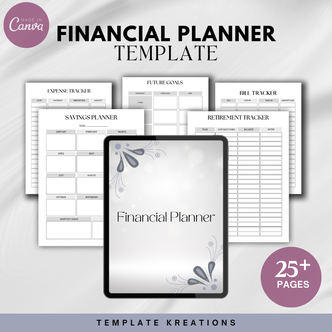 Financial Planner Template, Gray, 8.5 x 11 US Letter Size, Bill Tracker, Subscription Tracker, Expense Tracker, Income Tracker, Savings Planner, Savings Tracker, Donation Tracker, Retirement Tracker, Account Trackers. Yearly Expenses, Yearly Finance Tracker, Debt Payment Tracker, Monthly Budget, Yearly Overview, Checkbook Register, 52-Week Savings Plan Tracker, No-Spend Challenge, Future Goals, Financial Tracker, Financial Calendar, Financial Summary, Net Worth Tracker