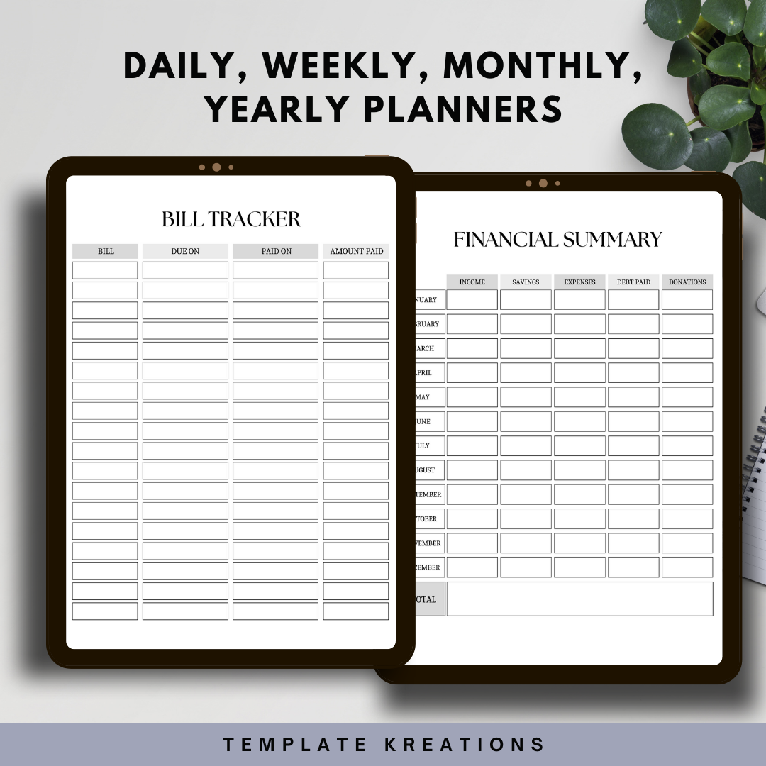 Financial Planner Template, Gray, 8.5 x 11 US Letter Size, Bill Tracker, Subscription Tracker, Expense Tracker, Income Tracker, Savings Planner, Savings Tracker, Donation Tracker, Retirement Tracker, Account Trackers. Yearly Expenses, Yearly Finance Tracker, Debt Payment Tracker, Monthly Budget, Yearly Overview, Checkbook Register, 52-Week Savings Plan Tracker, No-Spend Challenge, Future Goals, Financial Tracker, Financial Calendar, Financial Summary, Net Worth Tracker