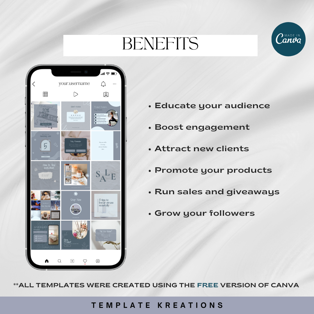 Benefits of the Templates, Educate Your Audience, Boost Engagement, Attract New Clients, Promote Your Products, Run Sales and Giveaways, Grow Your Followers