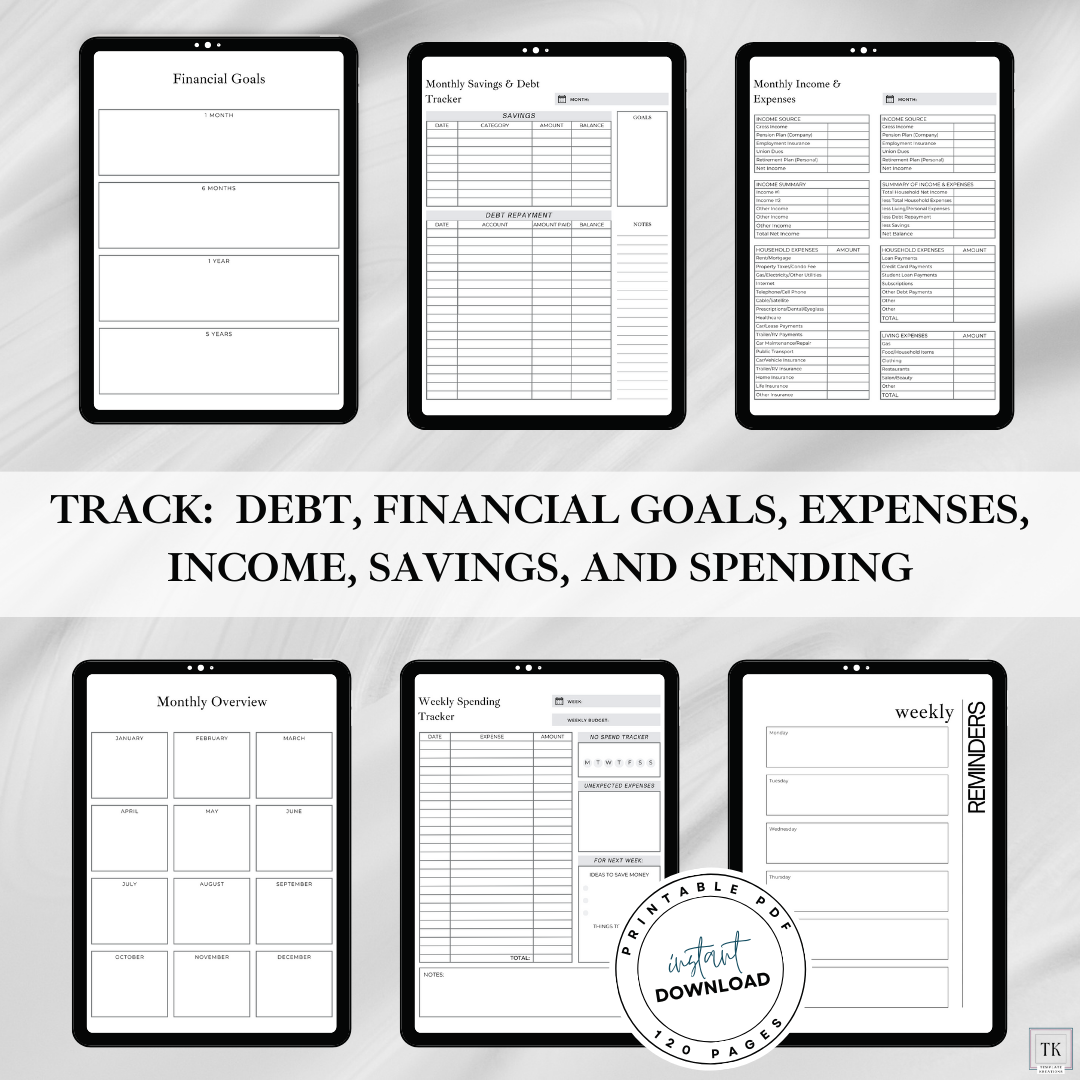 Financial Goals, Monthly Savings and Debt Tracker, Monthly Income and Expenses, Monthly Overview, Weekly Spending Tracker, Weekly Reminders