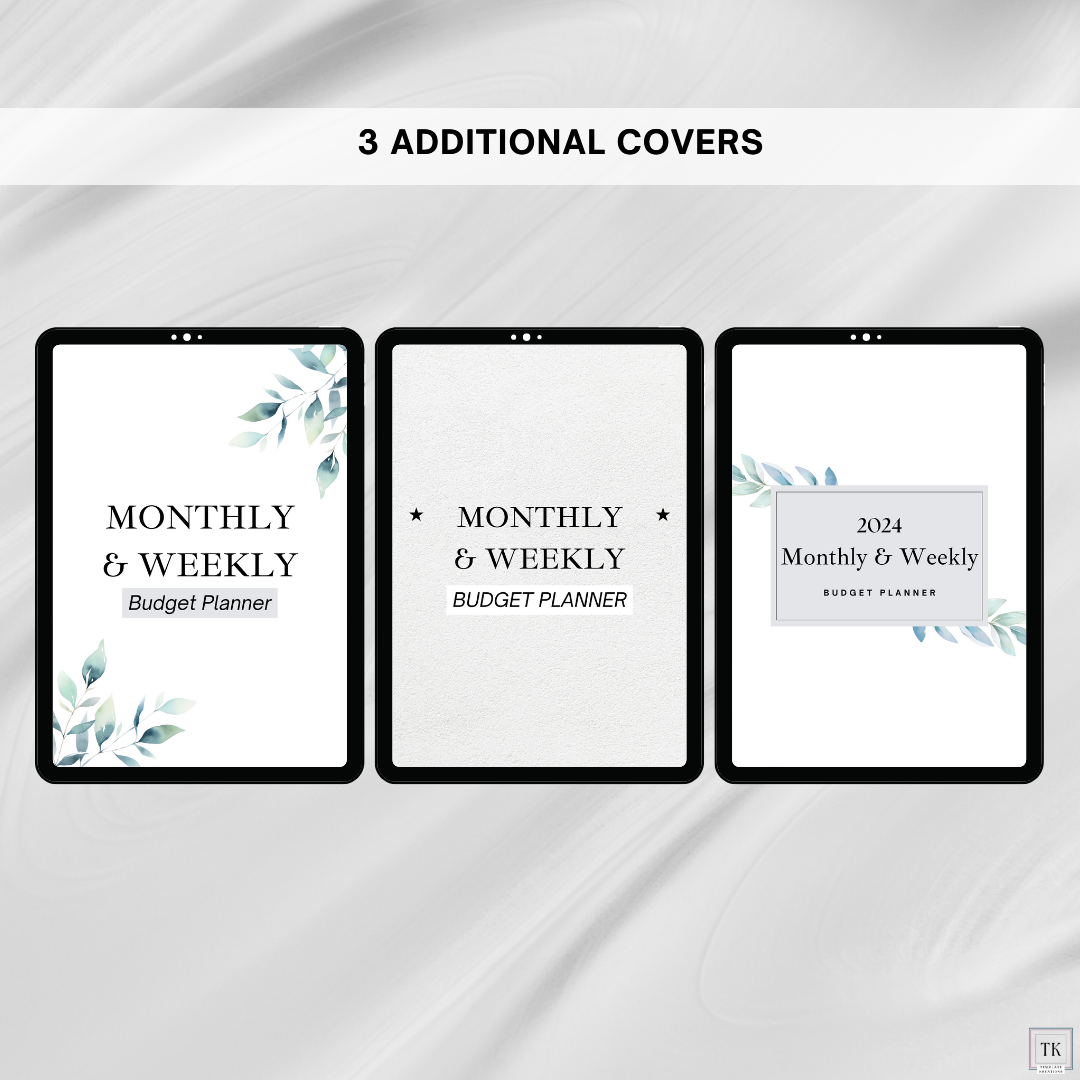 3 Cover Pages, 2 that Say Monthly and Weekly Budget Planner, 1 that Says 2024 Monthly and Weekly Budget Planner with Green Leaves in Center, 1 with White Background and Green Leaves in Bottom Left Corner and Upper Right Corner, 1 with Gray Background