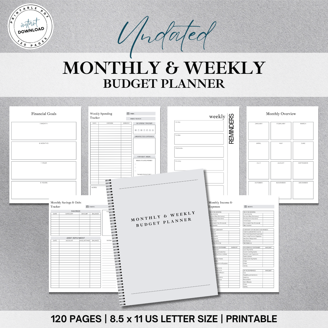 Undated Monthly and Weekly Planner, 120 Pages, Printable, 8.5 x 11 US Letter Size, White Background with Black Writing and Gray Accent Coloring, 4 Cover Options, 12 Monthly Planners, Monthly Income, Expenses, Savings and Debt Tracker, Weekly Spending