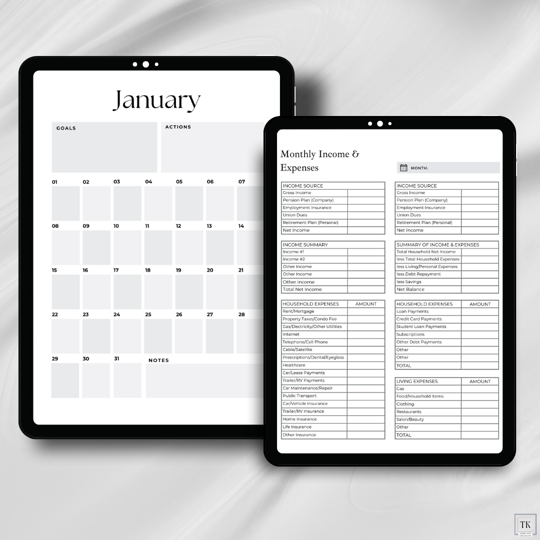 Monthly Calendar for Month of January, Monthly Income and Expenses