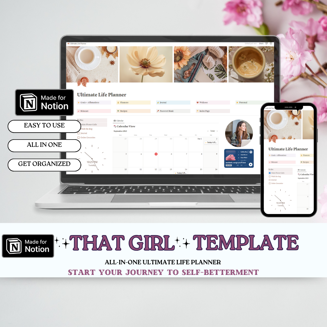 Notion template. That Girl. All In One, ultimate life planner. Aesthetic. Goals and affirmations, finances, journal, medications, password bank, recipes, skincare, wellness,  index page. Dashboard has calendar, to-do list, clock, photo placeholder, music, podcast