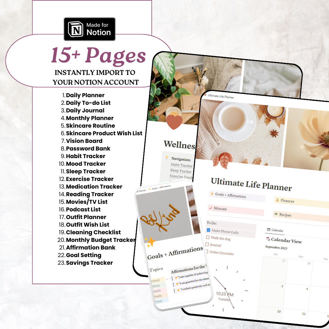 Notion template. That Girl. All In One, ultimate life planner. Aesthetic. Goals and affirmations, finances, journal, medications, password bank, recipes, skincare, wellness, index page. Dashboard has calendar, to-do list, clock, photo placeholder, music, podcast