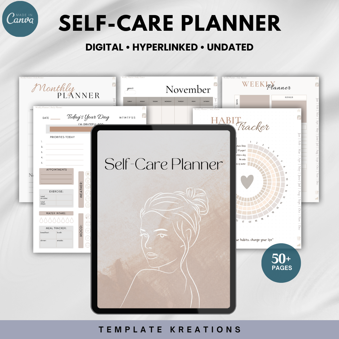 Self-Care Planner, Neutral, 50+ Pages, 36 Hyperlinked Pages, Digital, Undated, 2023, 2024, 2025, 6 Covers, Tans, Boho, Template Kreations