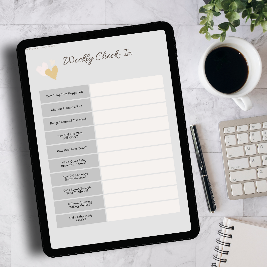 Weekly Check-In, Self-Care Planner, Neutral, 50+ Pages, 36 Hyperlinked Pages, Digital, Undated, 2023, 2024, 2025, 6 Covers, Tans, Boho, Template Kreations
