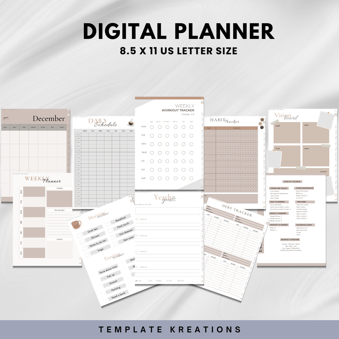 10 Sample Pages of What is Included, Self-Care Planner, Neutral, 50+ Pages, 36 Hyperlinked Pages, Digital, Undated, 2023, 2024, 2025, 6 Covers, Tans, Boho, Template Kreations
