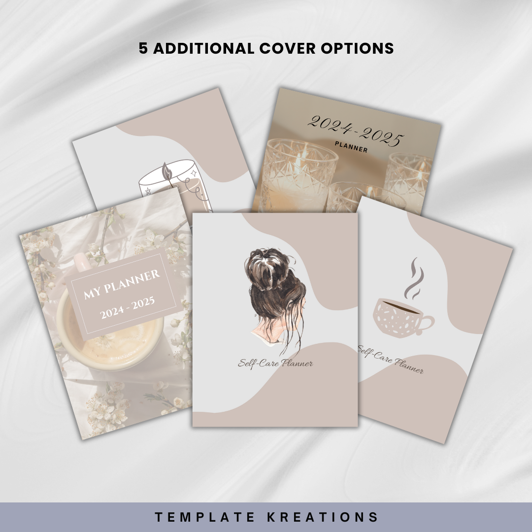 5 of the 6 Cover Pages, Self-Care Planner, Neutral, 50+ Pages, 36 Hyperlinked Pages, Digital, Undated, 2023, 2024, 2025, Tans, Boho, Template Kreations