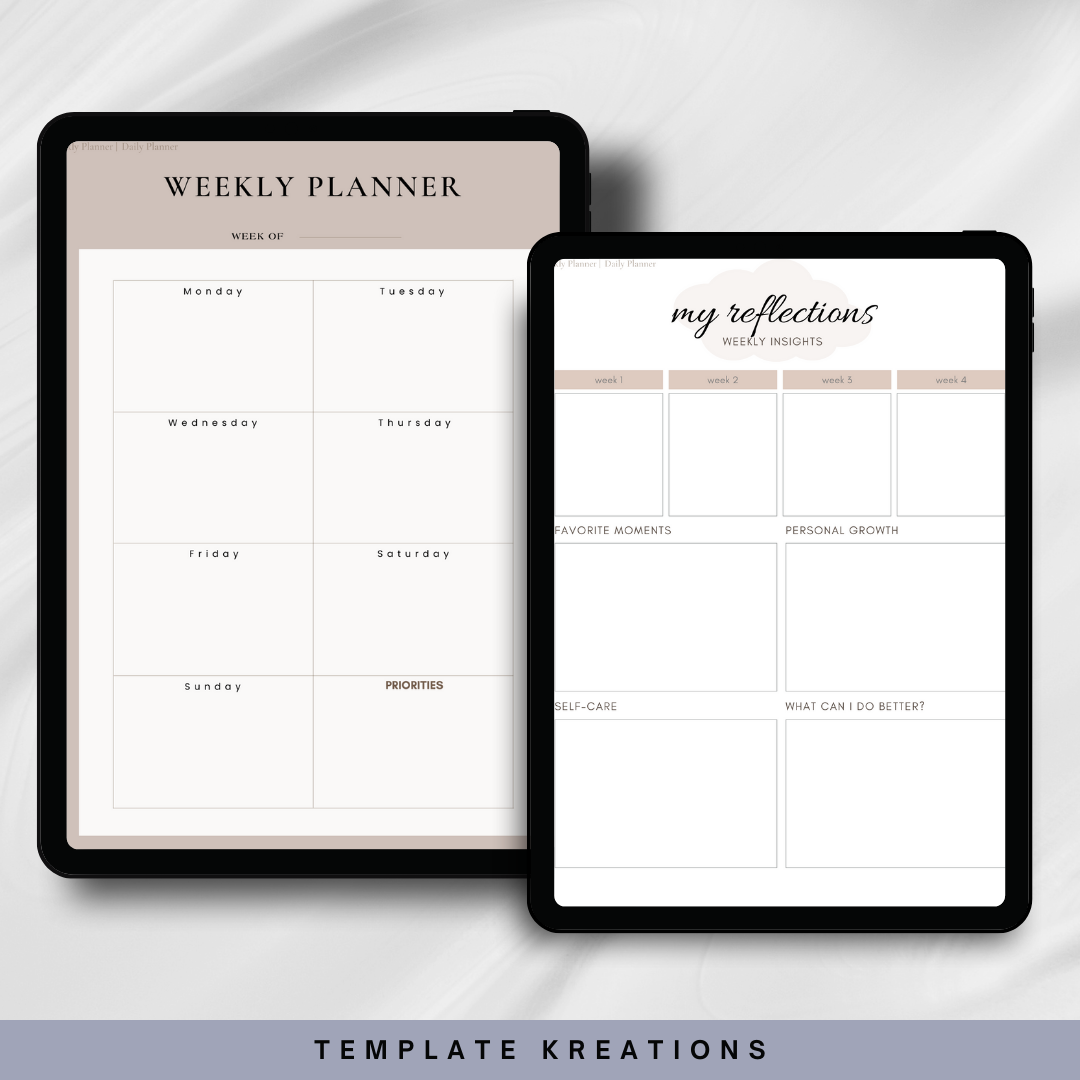 Weekly Planner, My Reflections Weekly Insights, Self-Care Planner, Neutral, 50+ Pages, 36 Hyperlinked Pages, Digital, Undated, 2023, 2024, 2025, 6 Covers, Tans, Boho, Template Kreations