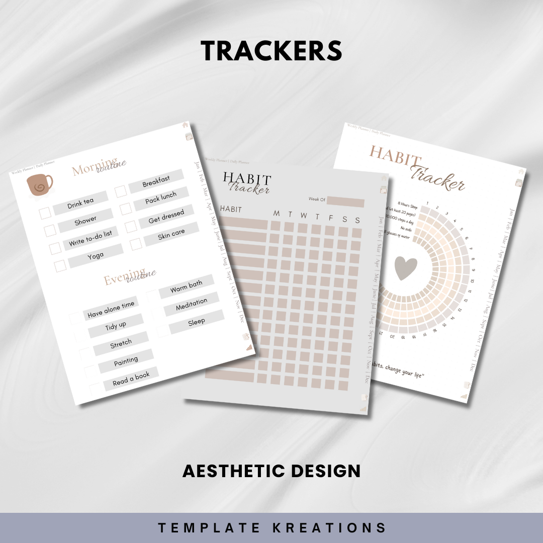 Trackers, Self-Care Planner, Neutral, 50+ Pages, 36 Hyperlinked Pages, Digital, Undated, 2023, 2024, 2025, 6 Covers, Tans, Boho, Template Kreations