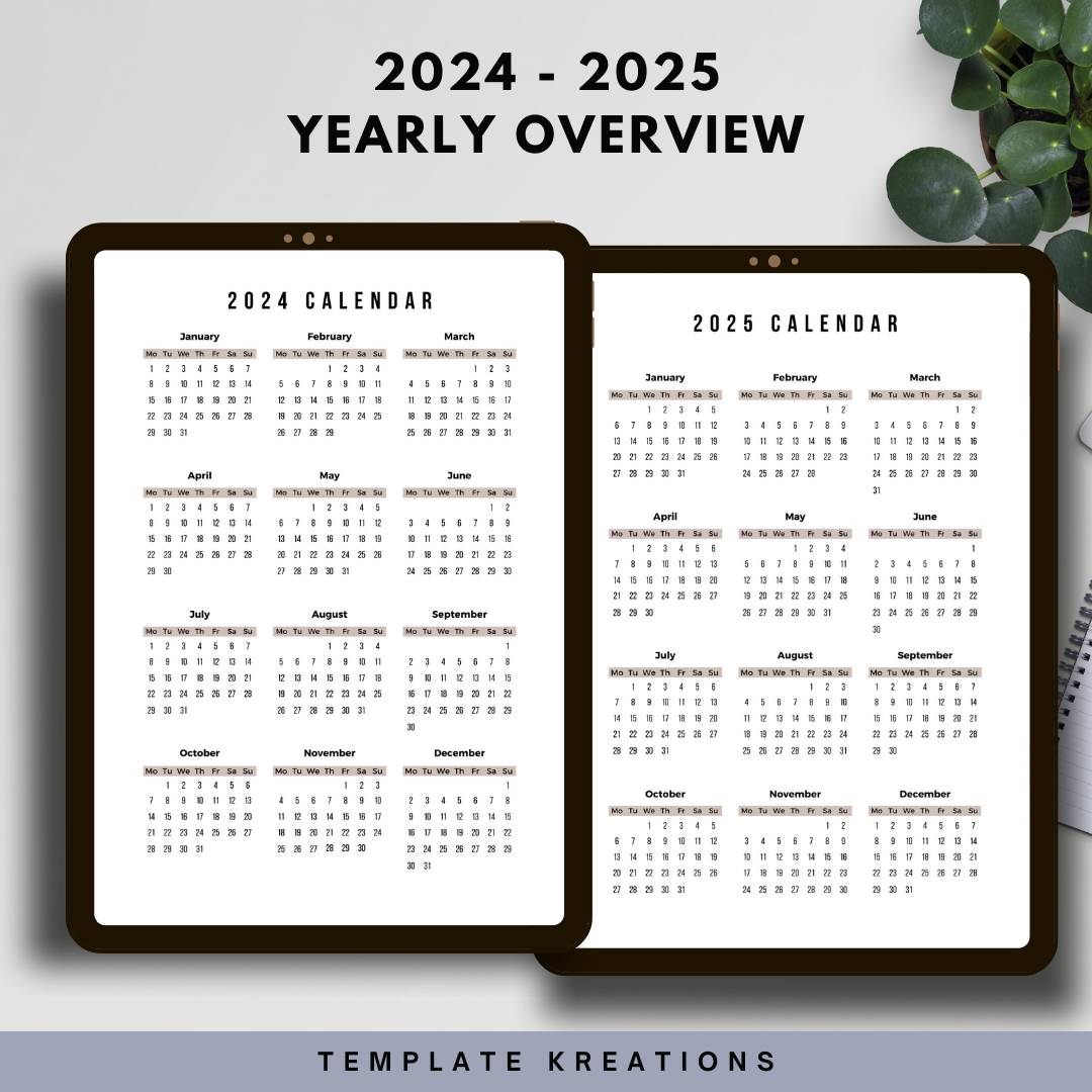 2024, 2025 Yearly Overview, Self-Care Planner, Neutral, 50+ Pages, 36 Hyperlinked Pages, Digital, Undated, Tans, Boho, Template Kreations