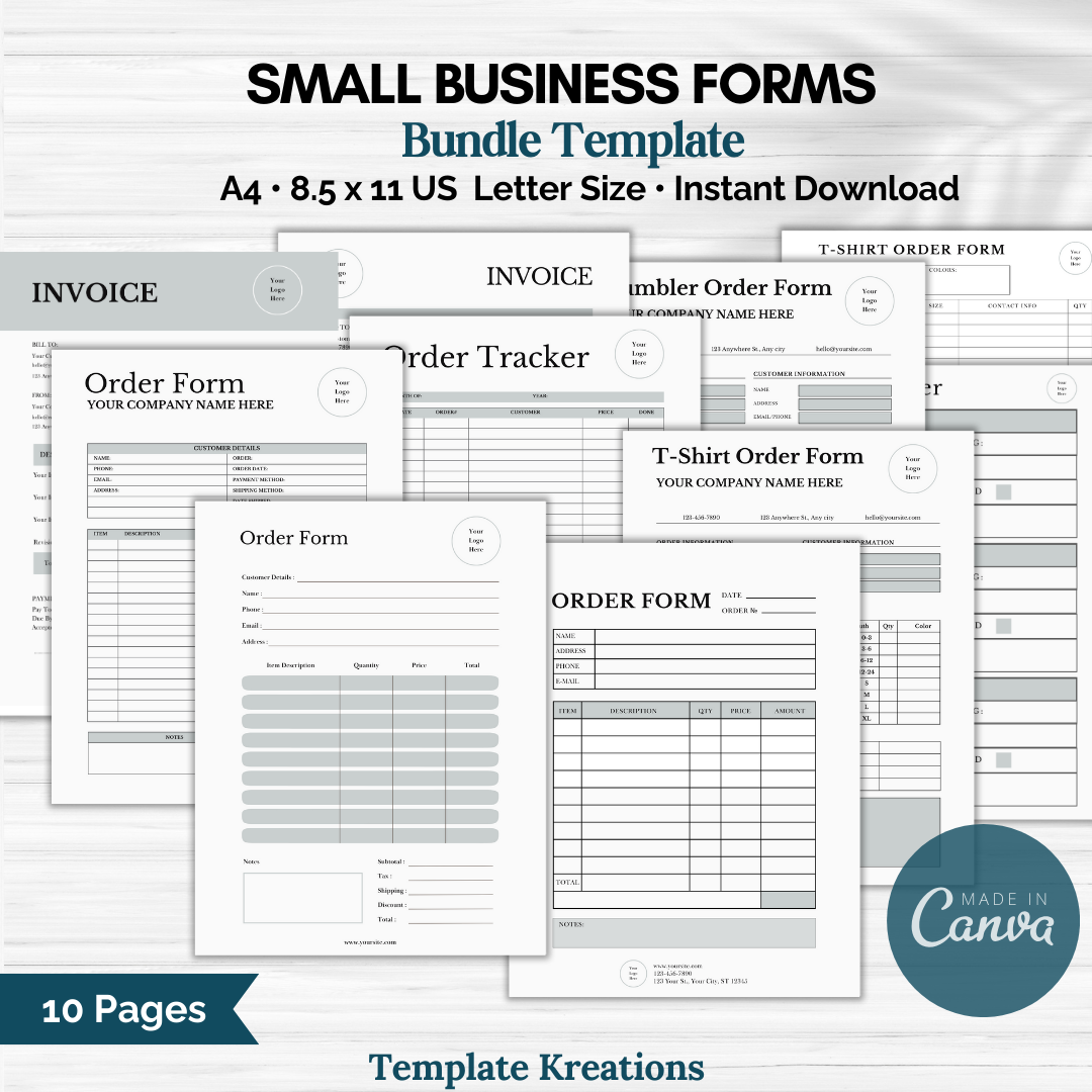 Small Business Forms Bundle Template. Sage Color. 10 Pages. Sizes A4 and 8.5 x 11 US Letter Size. Includes invoices, order forms, t-shirt order forms, tumbler order forms, order tracker, return tracker. Canva template. Template Kreations