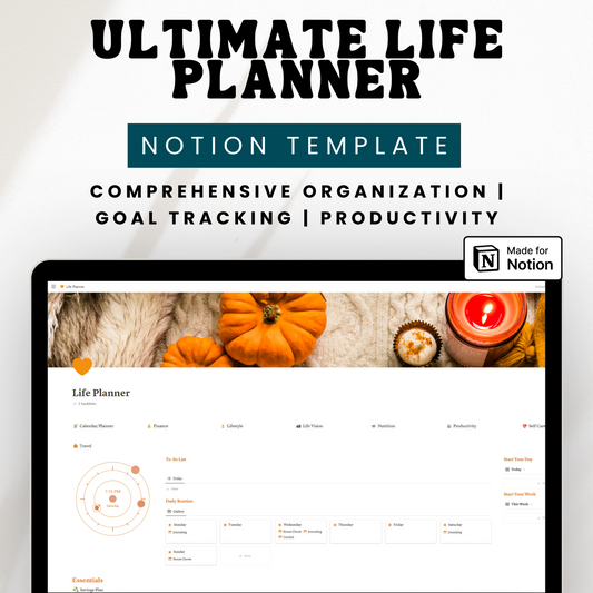 Notion template. Ultimate life planner. Comprehensive. 8 sections. Calendar/planner, finance, lifestyle, life vision, nutrition, productivity, self care, travel. Clock. Neutral. Aesthetic. Goal tracking. Habit trackers. Organization. Orange accent